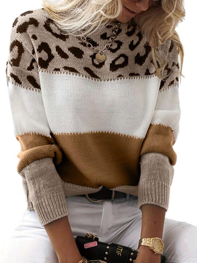 Women's Leopard Color Block Crewneck Sweater