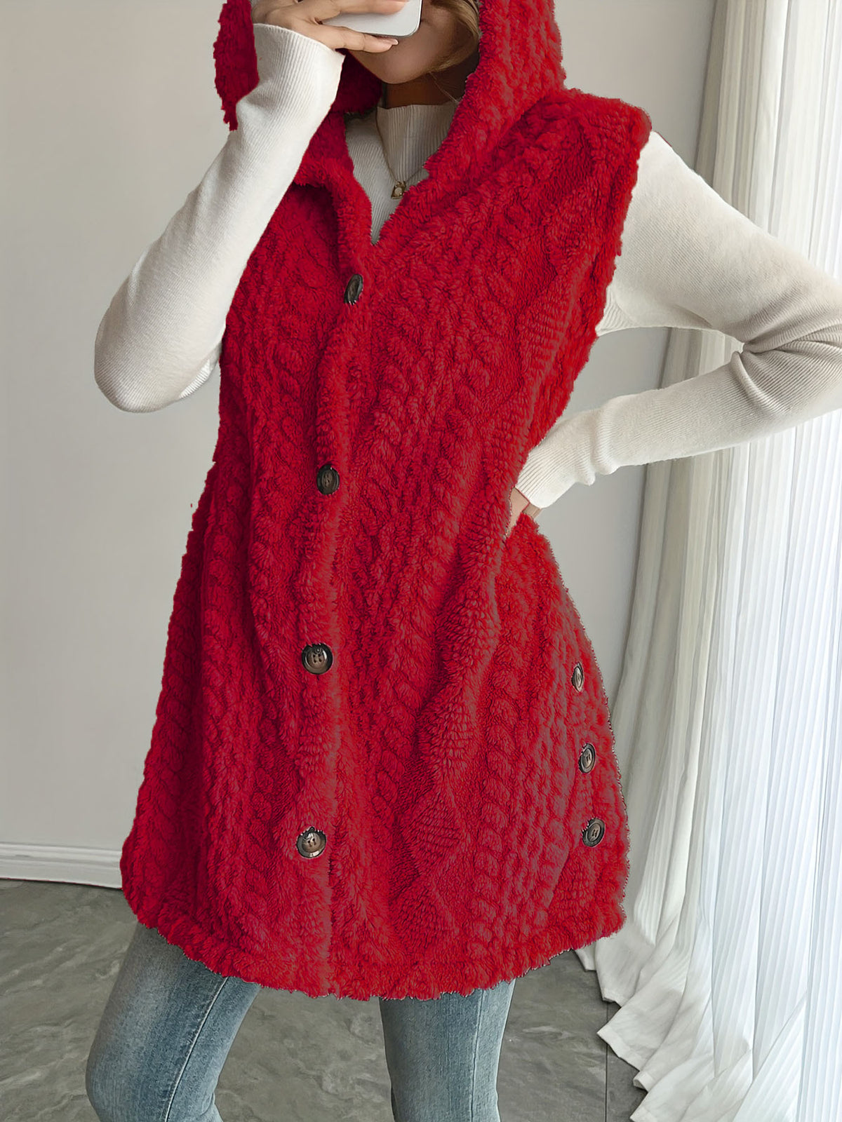 Women's Hooded Fleece Button Front Vest Cardigan