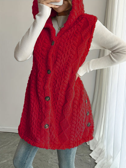 Women's Hooded Fleece Button Front Vest Cardigan