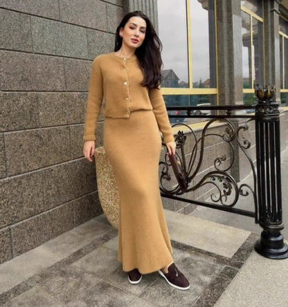 Fuzzy Button Cardigan Maxi Skirt Matching Set