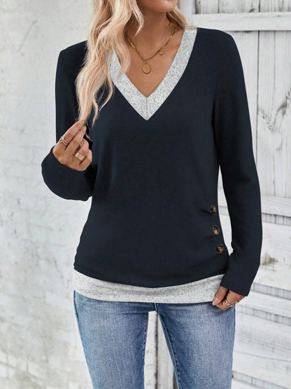 Women's Color Block V-Neck Long Sleeve Top Side Buttons