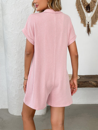 Lapel Button Loose Pocket Short Sleeve Jumpsuit