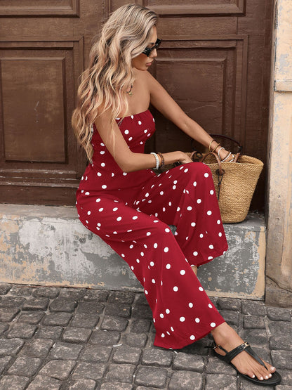 Women’s Polka Dot Strapless Wide Leg Jumpsuit