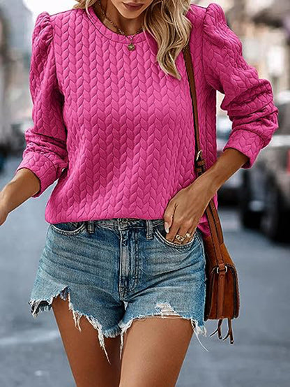 Textured Bubble Sleeve Sweater Women Crew Neck Pullover Top