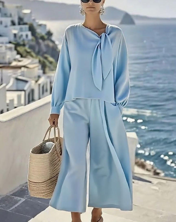Women's Tie Neck Top Wide Leg Pants Two Piece Set