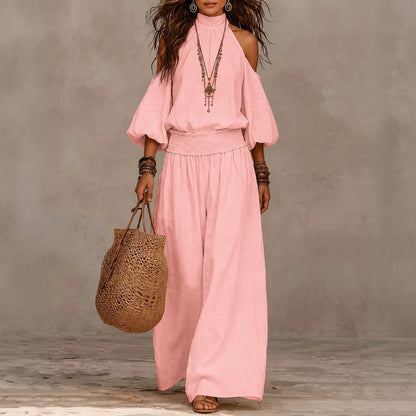 Women's Cold Shoulder Smocked Wide Leg Pants Two Piece Set