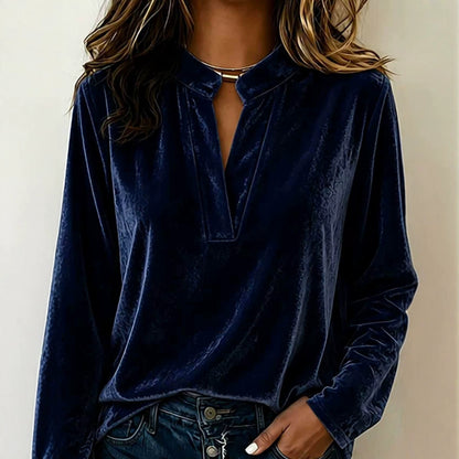 Women's Velvet V-Neck Long Sleeve Casual Blouse Top