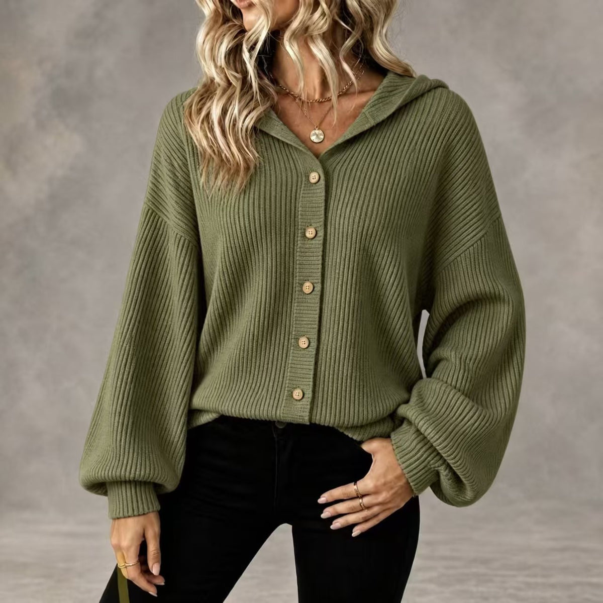 Womens Hooded Ribbed Cardigan Button Front Knit Sweater