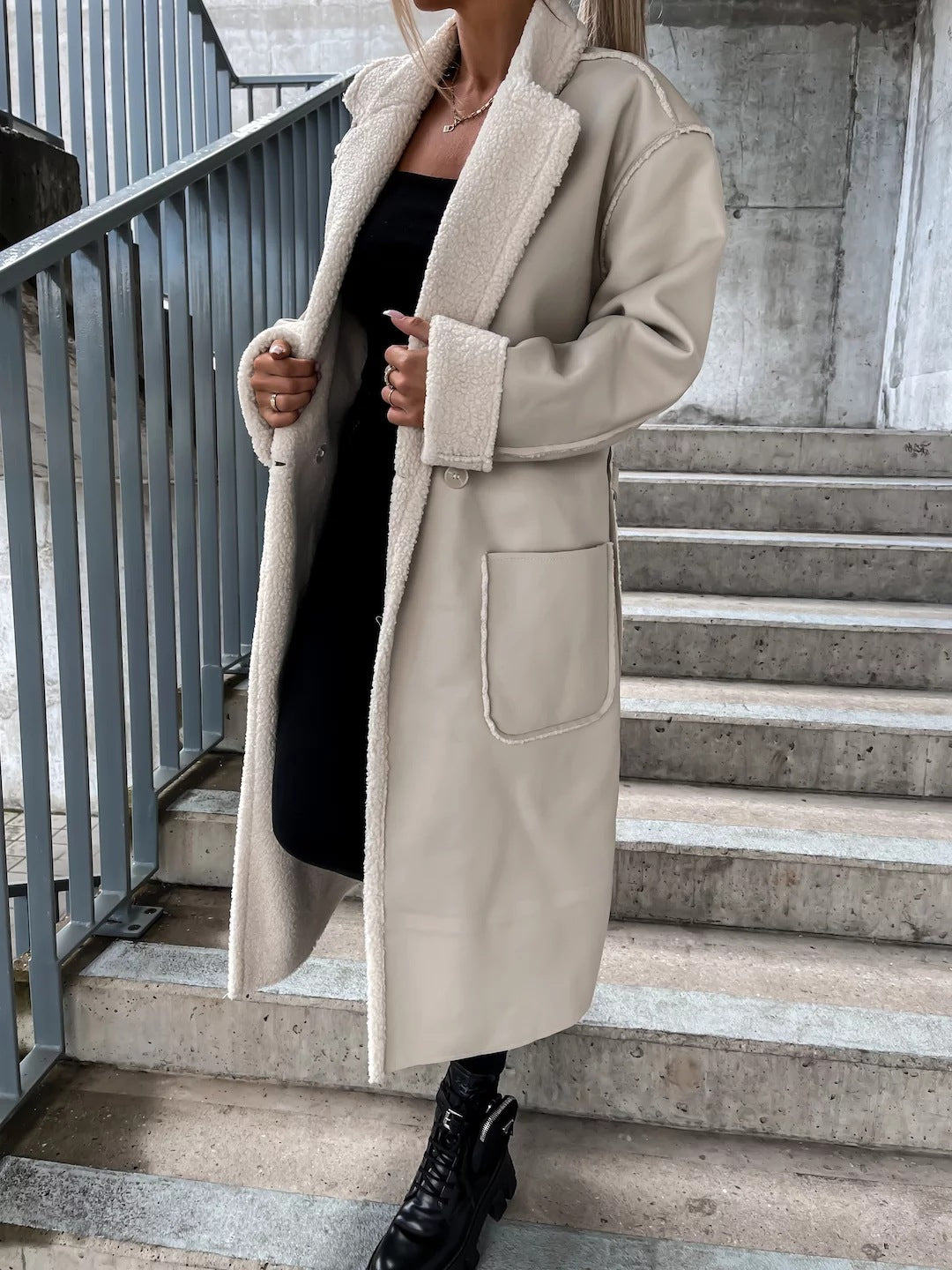Womens Faux Leather Sherpa Long Trench Coat Belted Winter