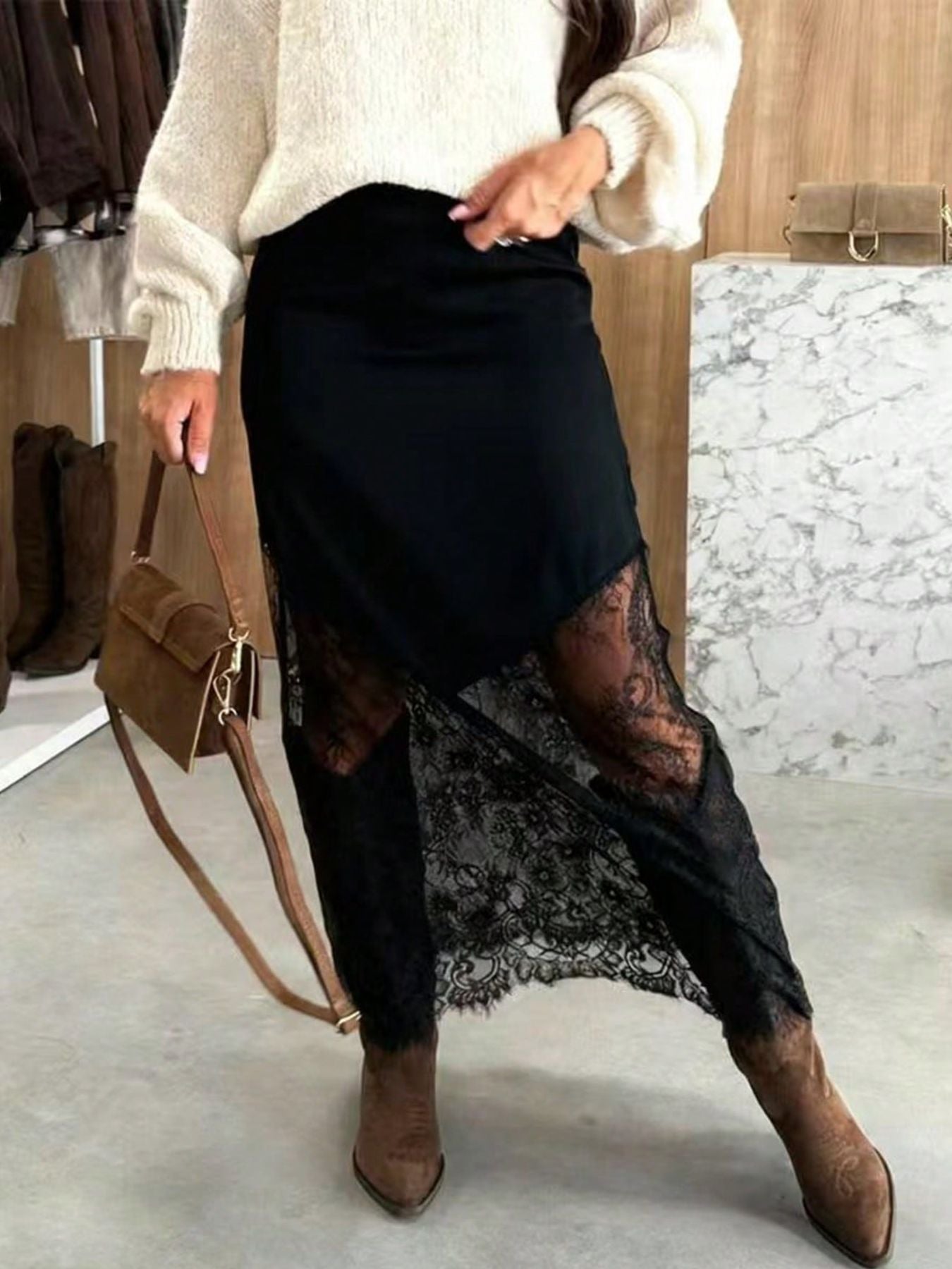 Women Satin Lace Patchwork Midi Skirt Bodycon