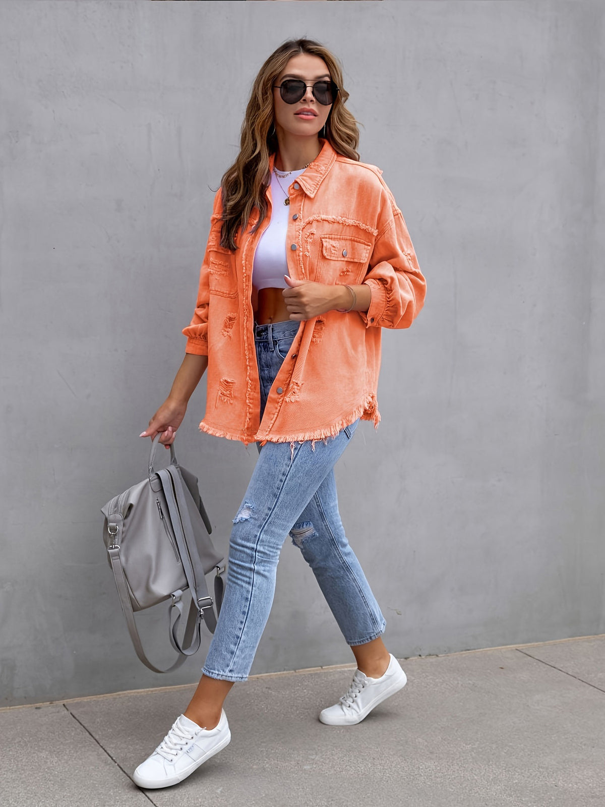 Women's Oversized Denim Jacket Distressed Frayed Hem