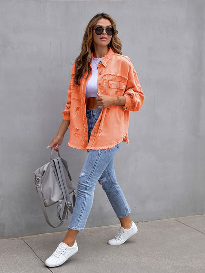 Women's Oversized Denim Jacket Distressed Frayed Hem