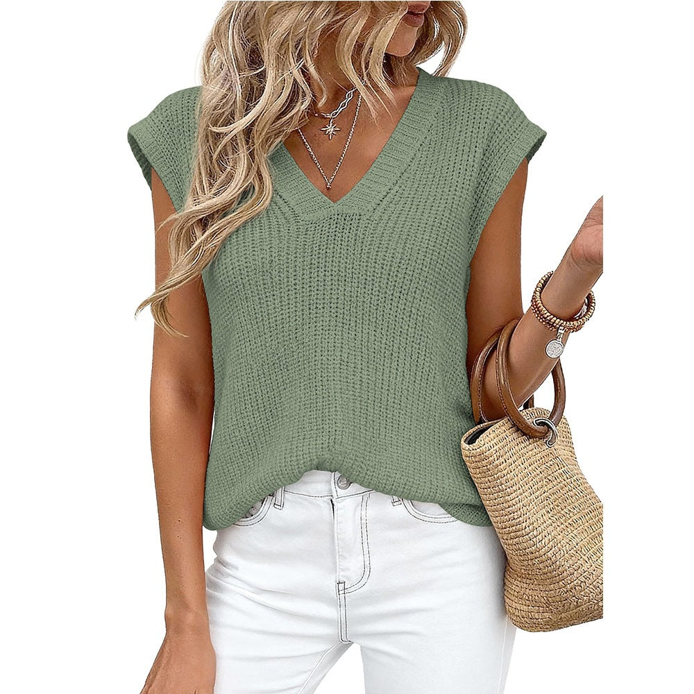V Neck Knit Sweater Vest Sleeveless Loose Summer Top