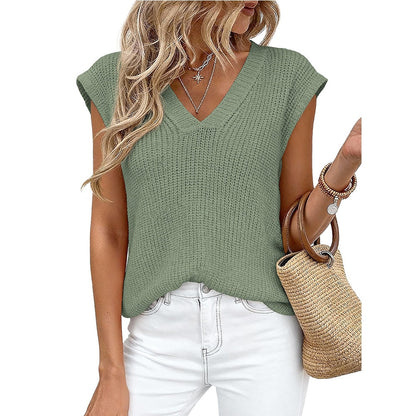 V Neck Knit Sweater Vest Sleeveless Loose Summer Top