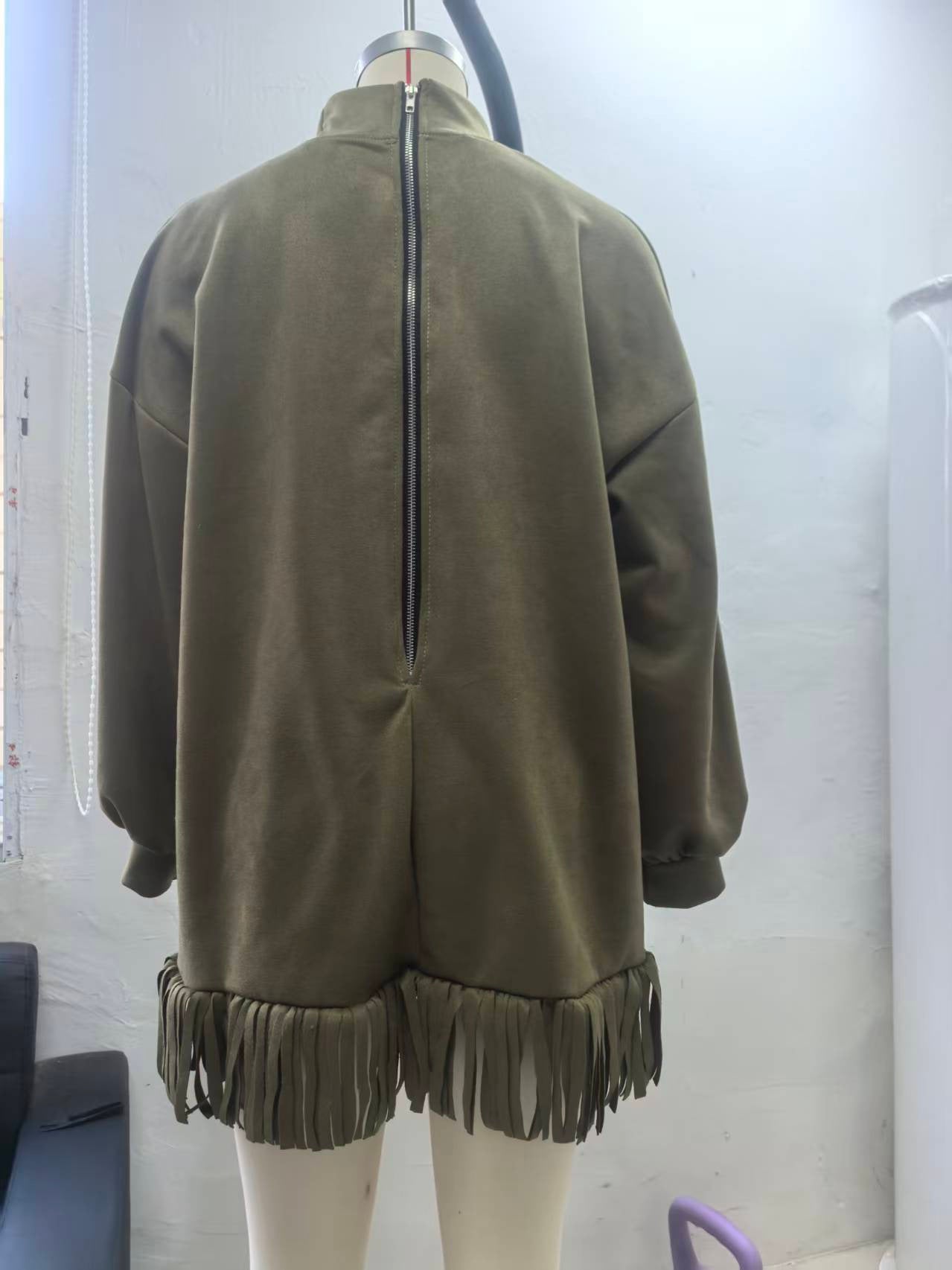 Oversized Mock Neck Suede Fringe Dress Pockets