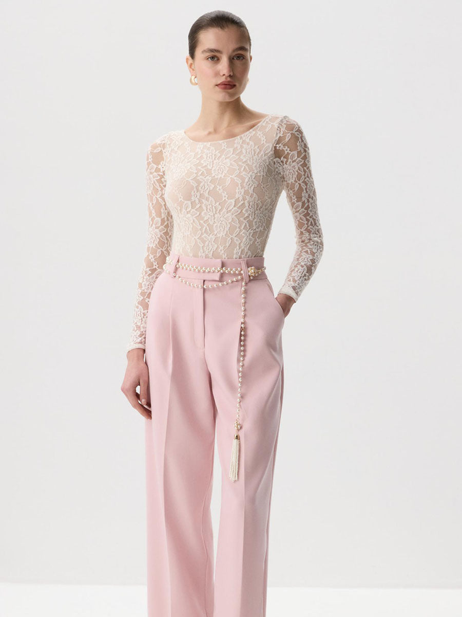 Sheer Lace Long Sleeve Top Fitted U Neck Blouse