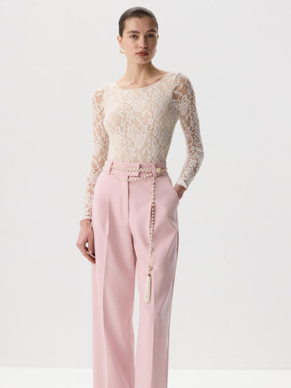 Sheer Lace Long Sleeve Top Fitted U Neck Blouse