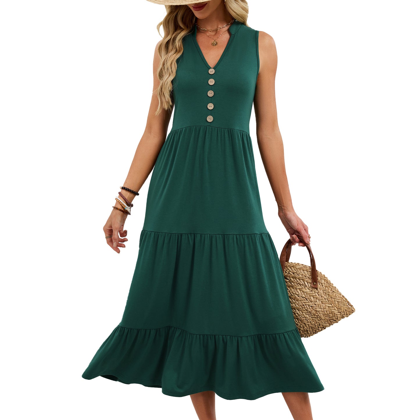 Sleeveless V-Neck Button Down Tiered Midi Dress Casual Summer
