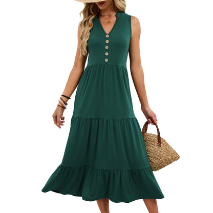 Sleeveless V-Neck Button Down Tiered Midi Dress Casual Summer
