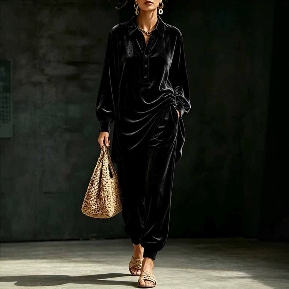 Women Oversized Velvet Lounge Set 2 Piece Shirt & Pants