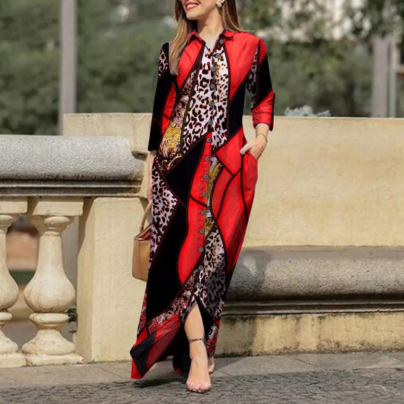 Women's Leopard Maxi Shirt Dress Long Sleeve Plus Size