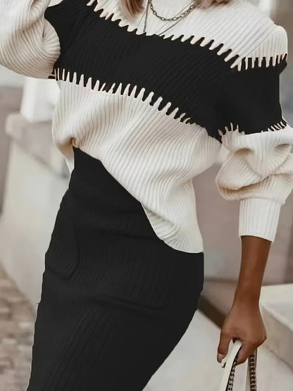 Women's Striped Sweater & Skirt Two Piece Knit Set