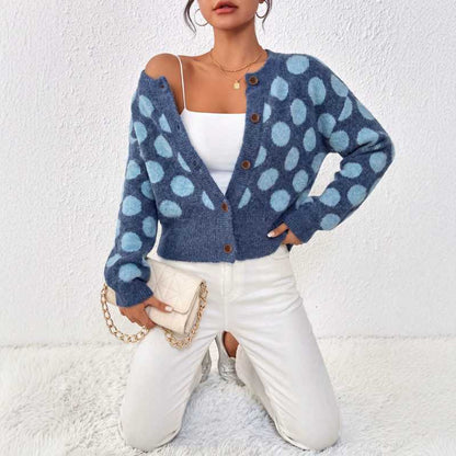 Women's Polka Dot Cropped Blue Knit Cardigan