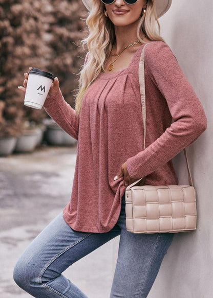 Square Neck Pleated Long Sleeve Top for Women