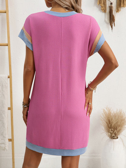 Color Block Ribbed T Shirt Dress Pocket Casual Summer