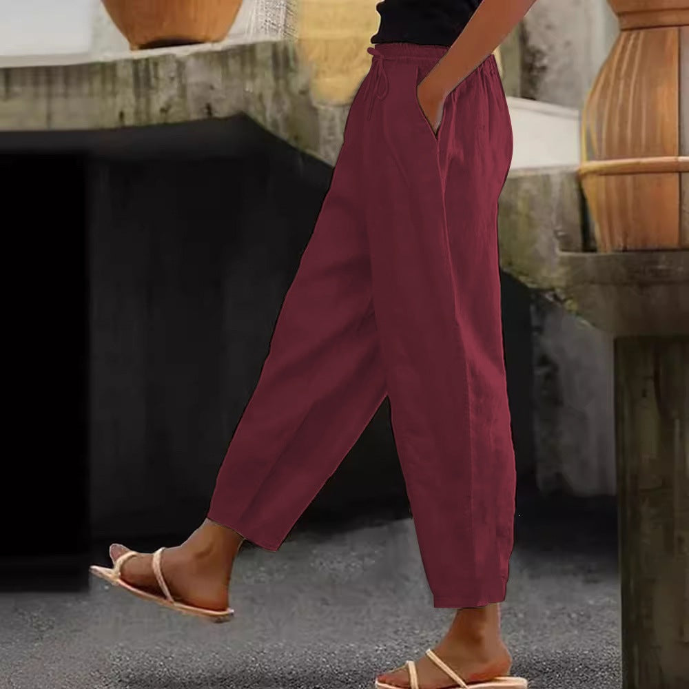 Women's Linen Cotton Drawstring Cropped Pants
