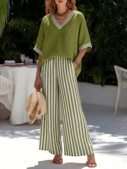 Women's Striped Wide Leg Pants V-Neck Top Two Piece Set