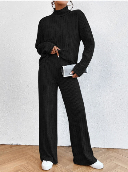Women's Turtleneck Ribbed Knit Wide Leg Pants Lounge Set