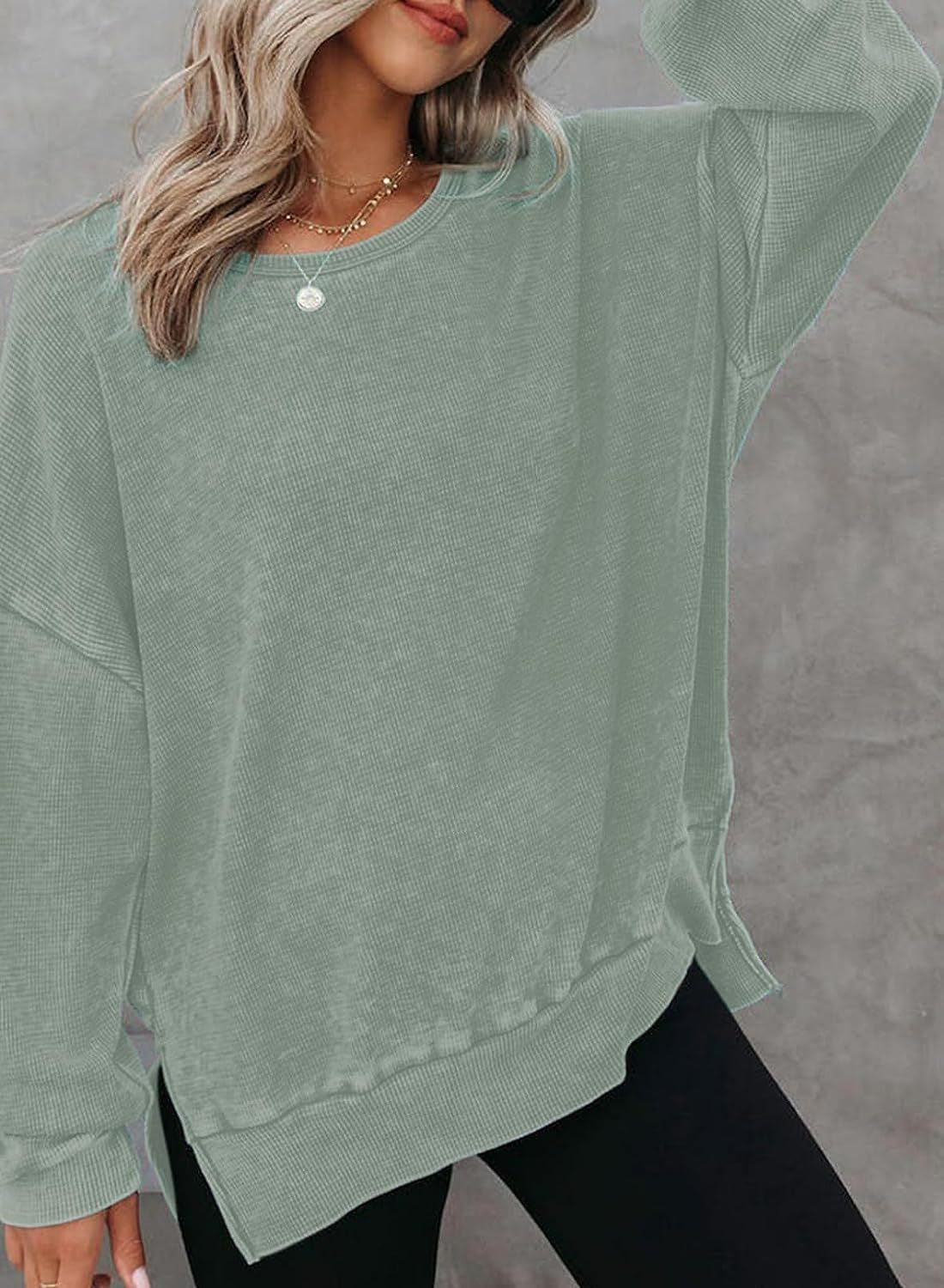 Waffle Split Hem Sweatshirt Women Casual Long Sleeve Top