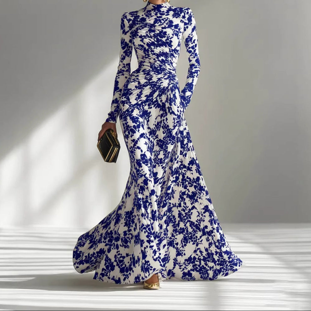 Women's Elegant Floral Ruched Long Sleeve Maxi Dress