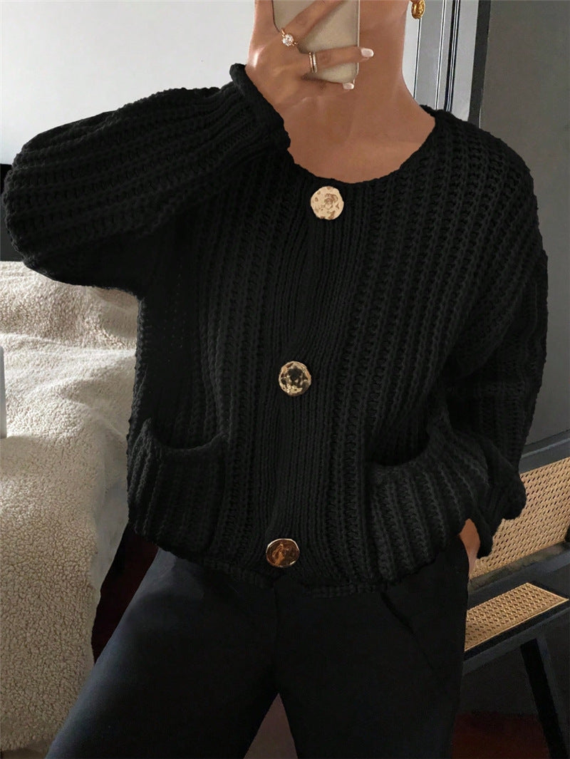 Chunky Knit Cardigan Oversized Button Front Pocket