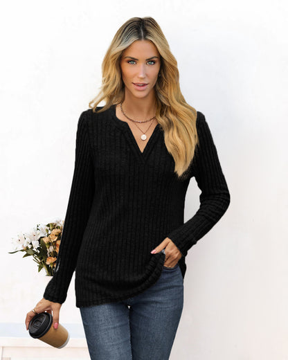Solid Ribbed V Neck Long Sleeve Top Casual Knit Tee