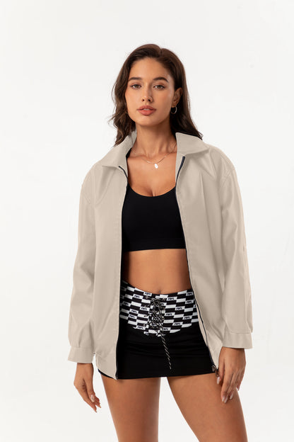 Womens Oversized Faux Leather Jacket Zip Up Casual