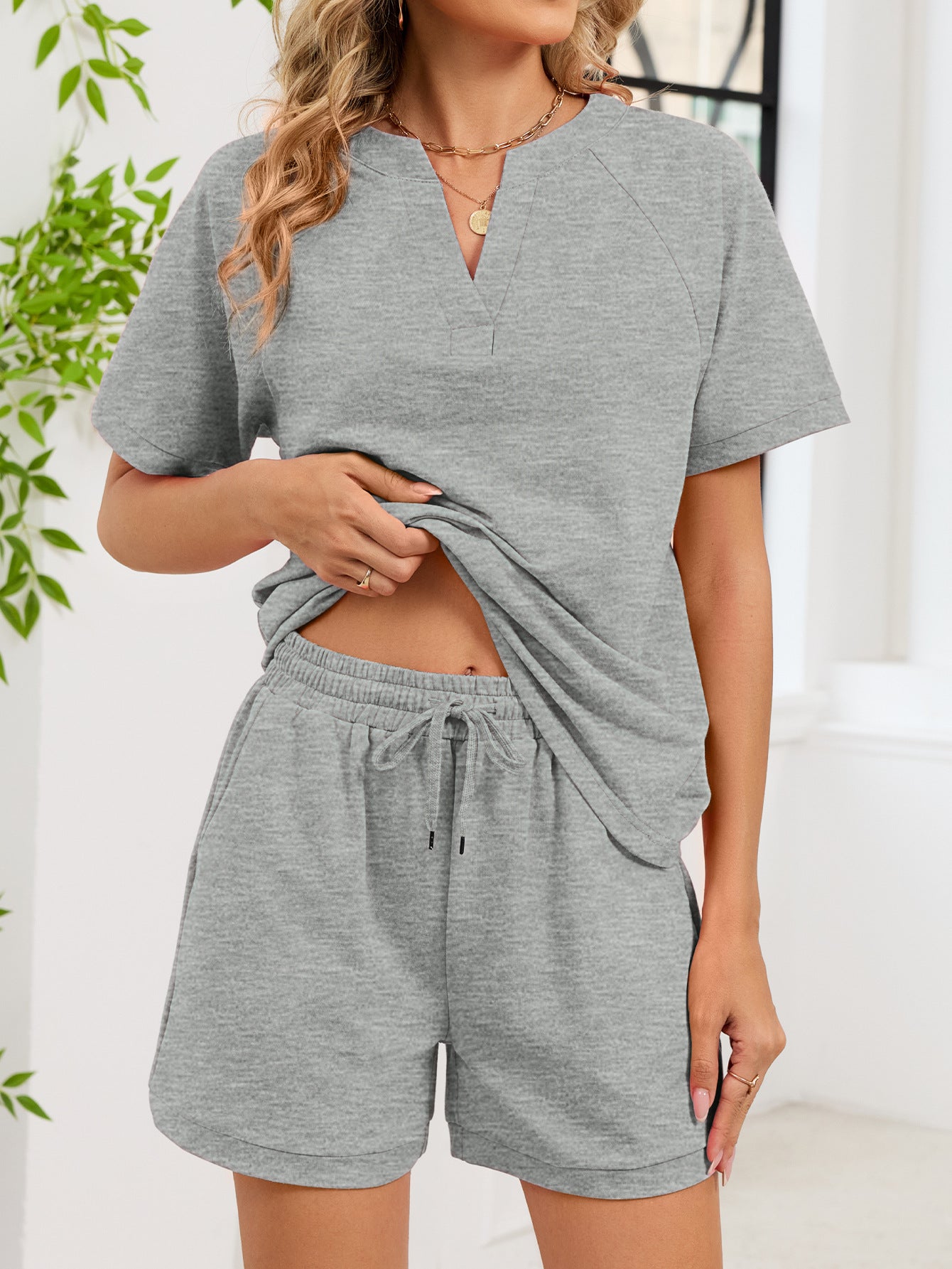 V Neck Short Sleeve Top and Drawstring Shorts Set