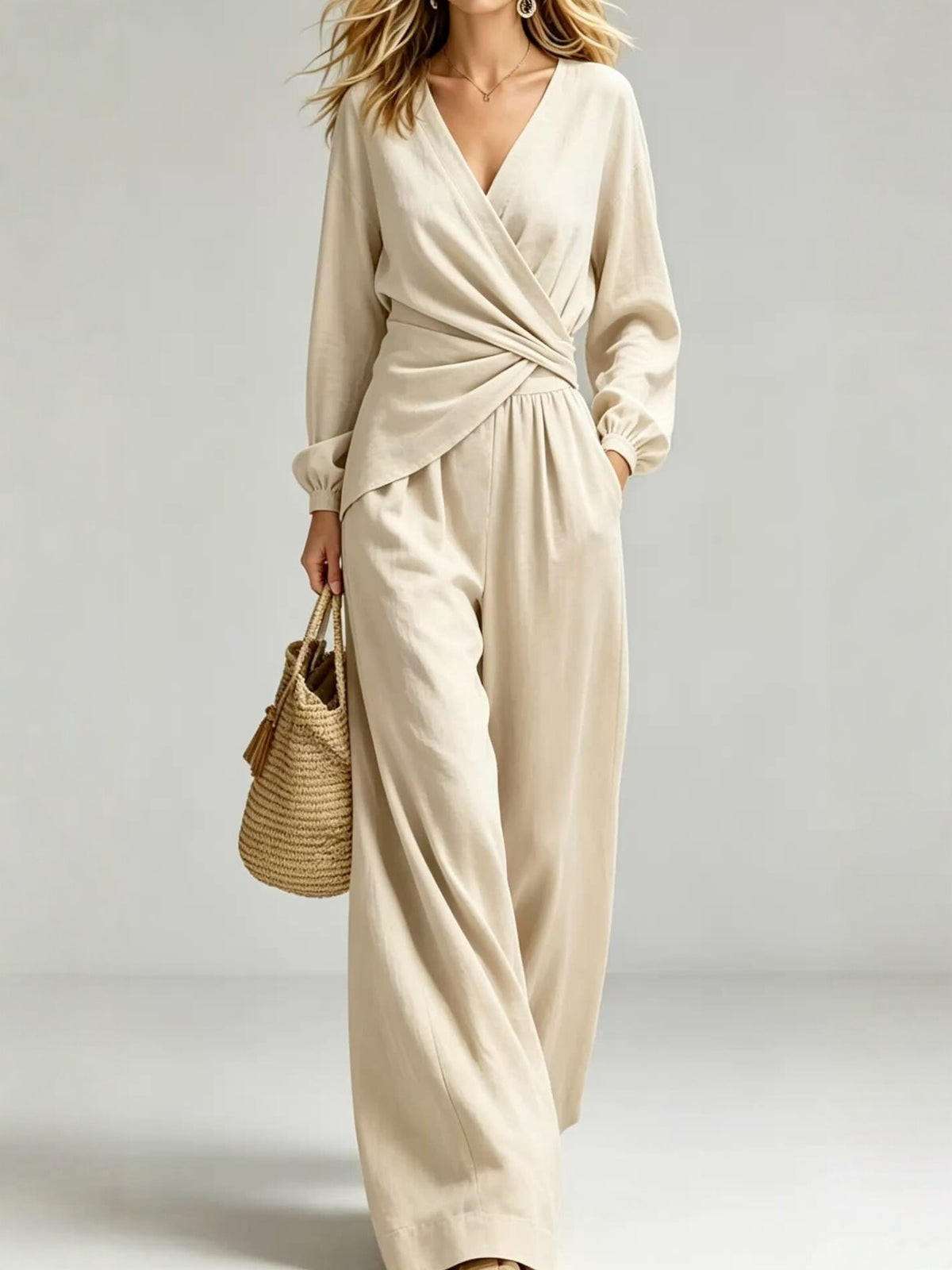 V Neck Wrap Top Wide Leg Pants Two Piece Set