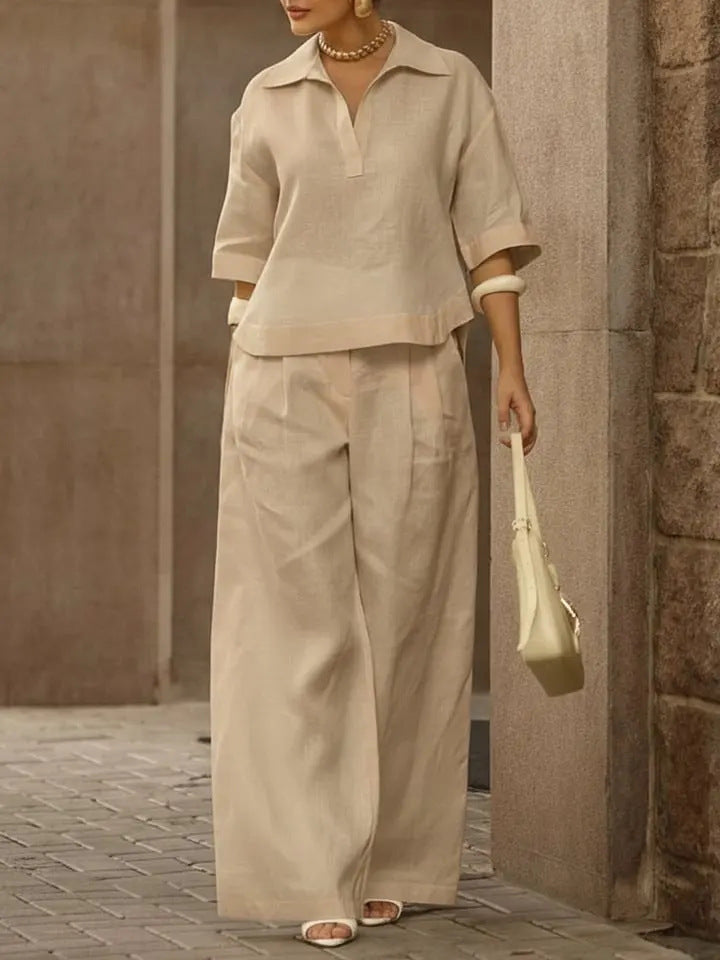 Women Oversized Collared Top Wide Leg Pants Matching Set