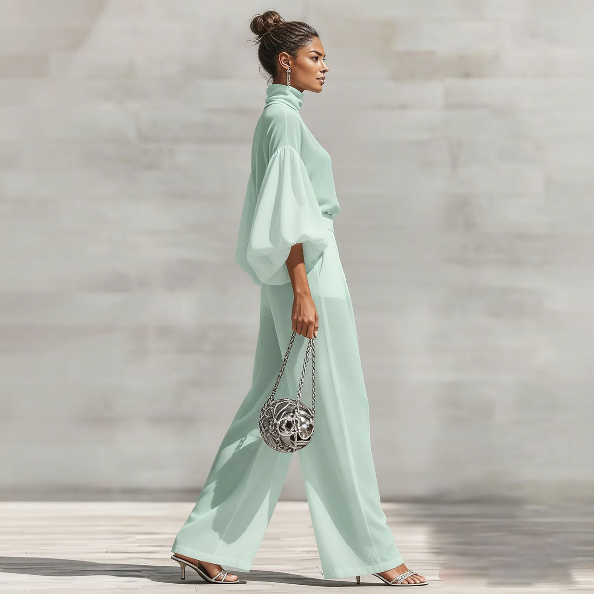 Women's Lantern Sleeve Blouse Wide Leg Pants Two Piece Set