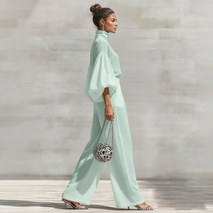 Women's Lantern Sleeve Blouse Wide Leg Pants Two Piece Set
