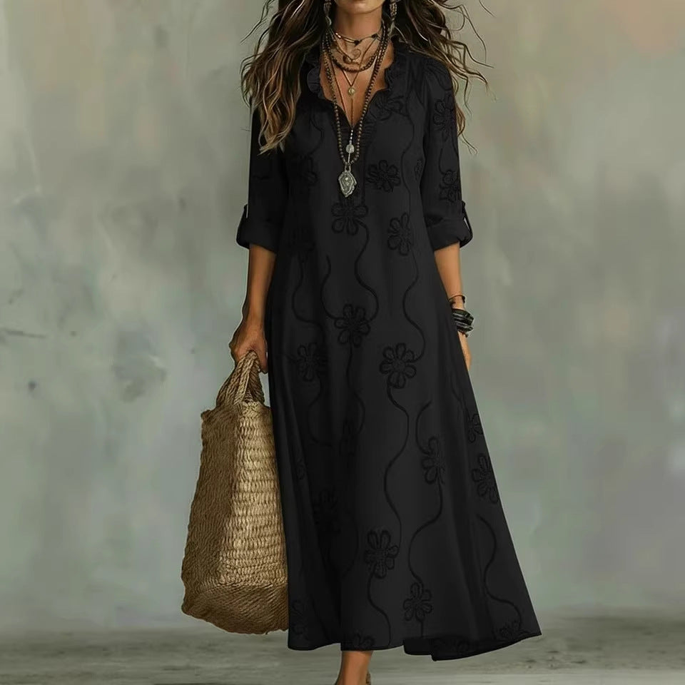 Boho Embroidered Maxi Dress V-Neck Flowy Long Sleeve