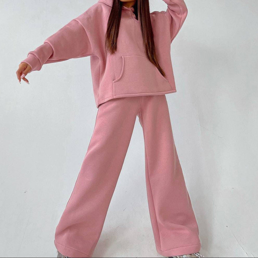Women's Fleece Hoodie Wide Leg Pants Matching Set