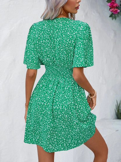 Green Floral V-Neck Flowy Mini Dress with Short Sleeves