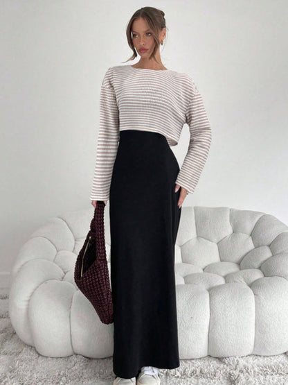 Striped Long Sleeve Two Piece Maxi Skirt Set