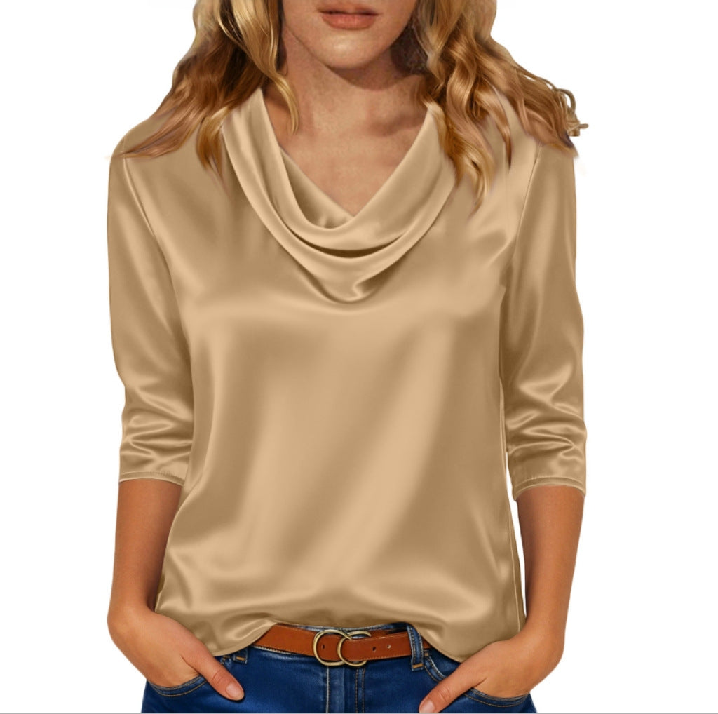 Women's Satin Cowl Neck Blouse 3/4 Sleeve Top