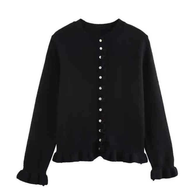 Ruffle Trim Button Front Long Sleeve Cardigan
