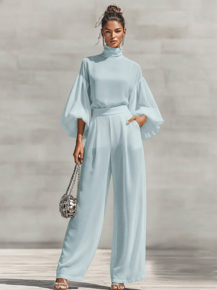 Women's Lantern Sleeve Blouse Wide Leg Pants Two Piece Set