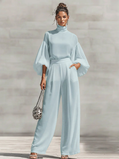 Women's Lantern Sleeve Blouse Wide Leg Pants Two Piece Set